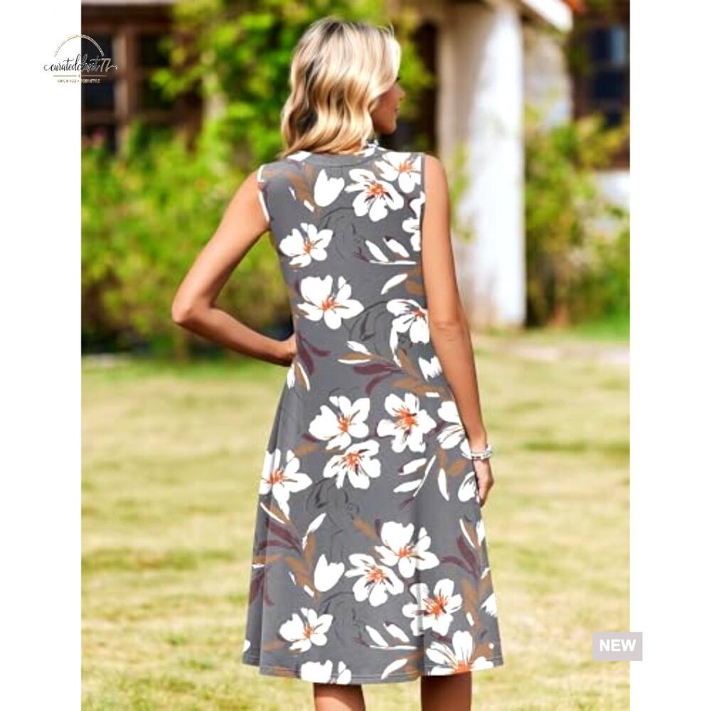 Sleeveless Midi Sundress with Pockets, V-Neck, Pleated A-Line - Picture 6 of 7